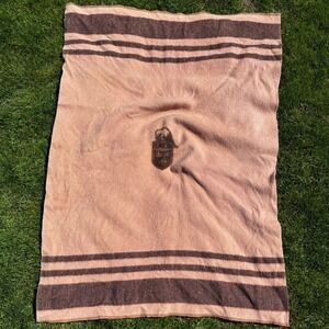 Vintage Canadian Pacific Railway Wool Blanket Brown Stripe Beaver Crest Logo